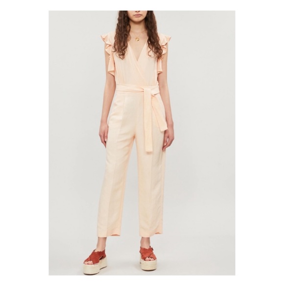 NEW MAJE Piruize Ruffled Cold Shoulder Crepe Linen Blend Jumpsuit in Peachy Nude - Picture 3 of 9